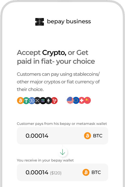 Crypto payment interface mockup showing various cryptocurrencies and transaction details.
