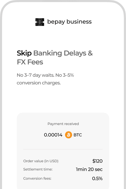 Payment settlement details mockup showing received amount, order value, settlement time, and conversion fees.