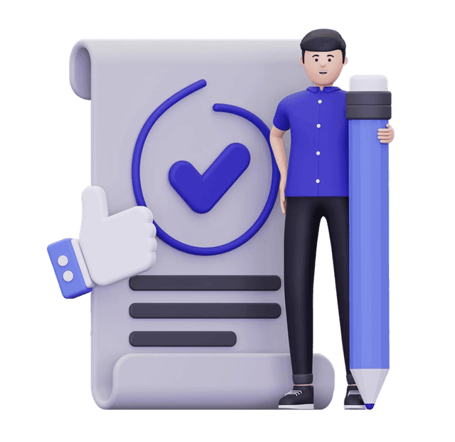 Illustration of a person signing up on a document with a large checkmark