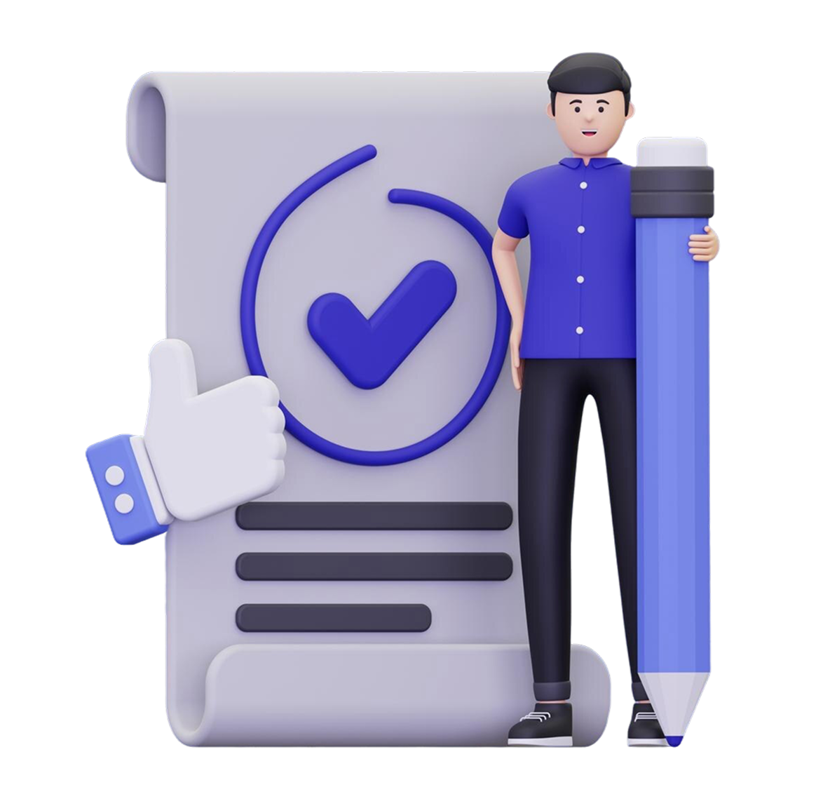 Illustration of a person signing up on a document with a large checkmark